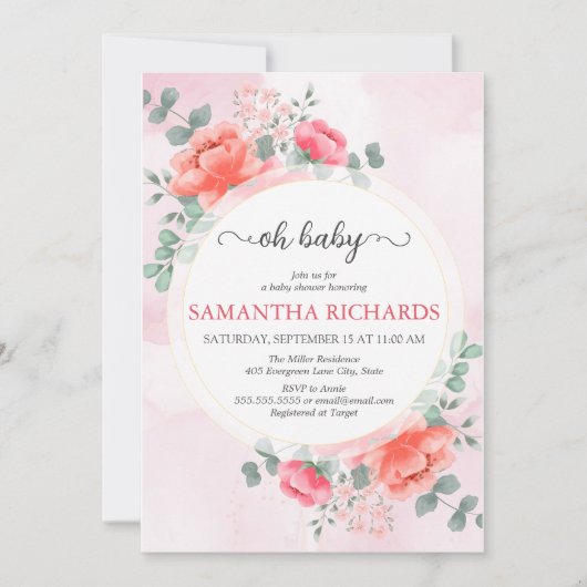 エレガントモダン赤面ピンクの水色の赤ちゃん 招待状 (正面)