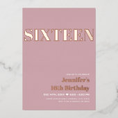 エレガントモダン赤面ピンクスウィート16タイポグラフィ 箔招待状 (正面)