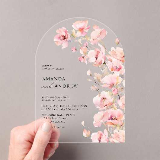 エレガントモダン赤面ピンクフローラ結婚写真 アクリル招待状 (インサイチュ (ポータブル))