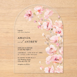 エレガントモダン赤面ピンクフローラ結婚写真 アクリル招待状