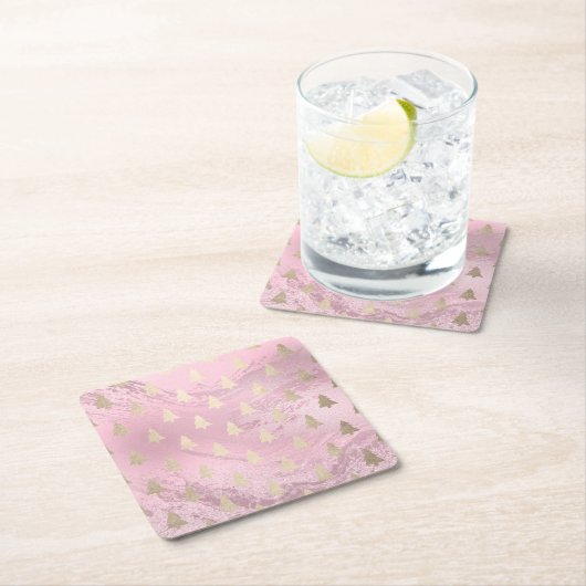 エレガントモダン金ゴールドとピンクのクリスマスツリーパターン スクエアペーパーコースター (インサイチュ)