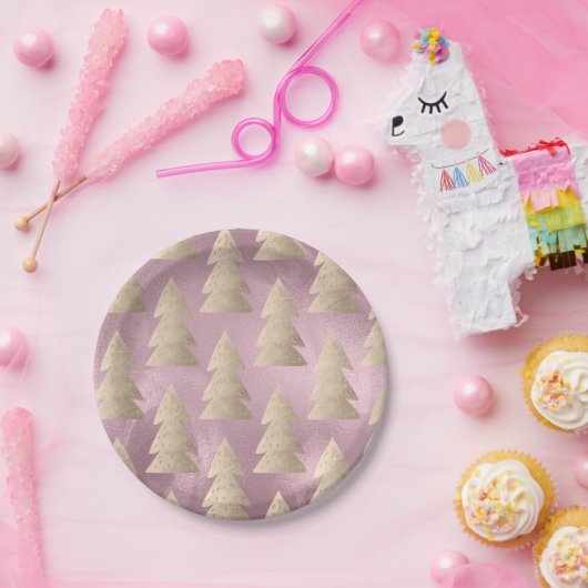 エレガントモダン金ゴールドとピンクのクリスマスツリーパターン ペーパープレート (パーティー)