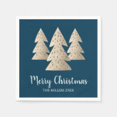 エレガントモダン金ゴールドとブルーのメリークリスマスツリー スタンダードカクテルナプキン (正面)