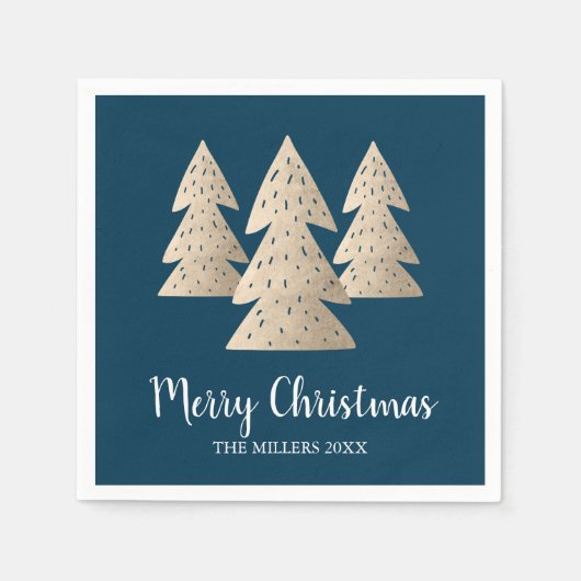 エレガントモダン金ゴールドとブルーのメリークリスマスツリー スタンダードカクテルナプキン (正面)