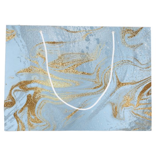エレガントモダン金ゴールドとライトブルー大理石グリッター ラージペーパーバッグ (裏面)