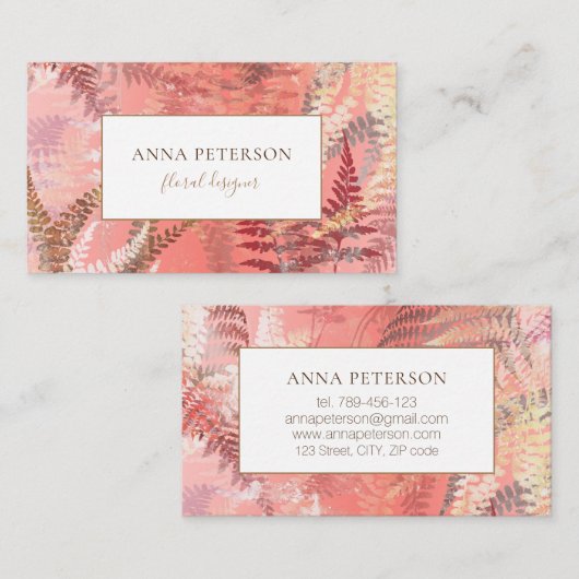 エレガントモダン金ゴールドコーラルピンクフェーン葉ズ 名刺 (正面/裏面)