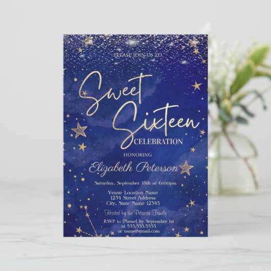 エレガントモダン金ゴールドスターズブルースウィート16 招待状 (スタンド正面)