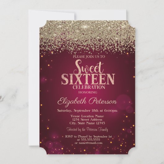 エレガントモダン金ゴールドダイアモンズレッドスウィート16 招待状 (正面)