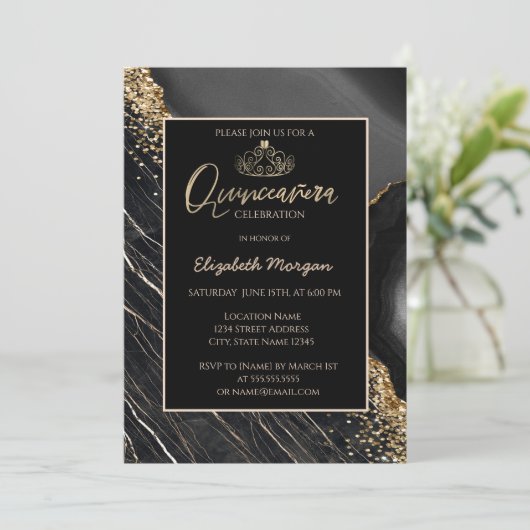 エレガントモダン金ゴールドティアラ、黒大理石 招待状 (スタンド正面)