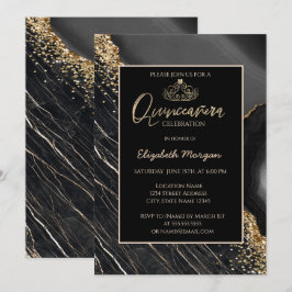エレガントモダン金ゴールドティアラ、黒大理石 招待状