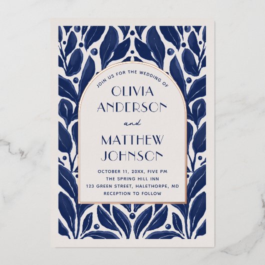 エレガントモダン金ゴールドネイビーブルーフローラ結婚ズ 箔招待状 (正面)