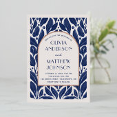 エレガントモダン金ゴールドネイビーブルーフローラ結婚ズ 箔招待状 (立ち正面)