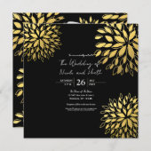 エレガントモダン金ゴールドフローラ結婚ブラック 招待状 (正面/裏面)