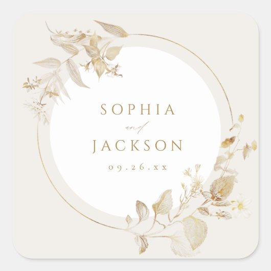 エレガントモダン金ゴールドフローラ結婚式の引き出物 スクエアシール (正面)