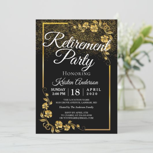 エレガントモダン金ゴールドフローラ退職パーティー 招待状 (スタンド正面)