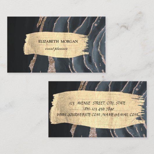 エレガントモダン金ゴールドブラシストローク黒大理石 名刺 (正面/裏面)