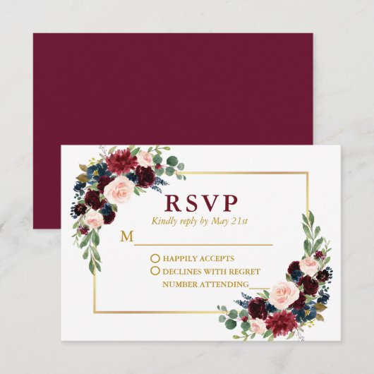 エレガントモダン金ゴールドブルゴーニュフローラ結婚ズ 出欠カード (正面/裏面)