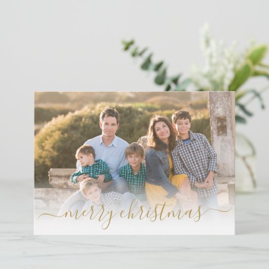 エレガントモダン金ゴールドメリー・クリスマス・スクリプト写真 シーズンカード (スタンド正面)