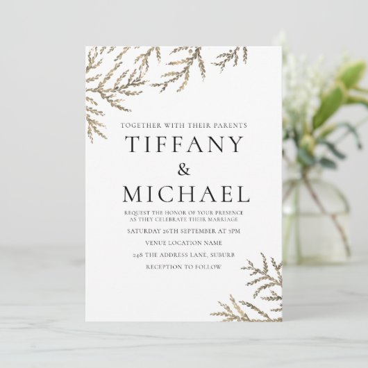 エレガントモダン金ゴールドリーフの結婚式の招待 招待状 (スタンド正面)