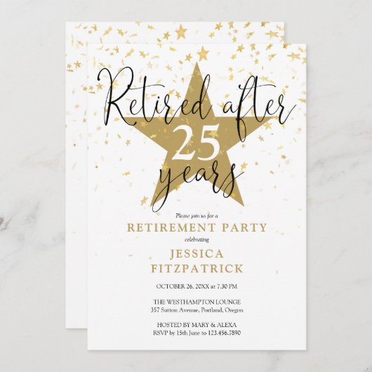 エレガントモダン金ゴールド星の退職パーティー 招待状 (正面/裏面)
