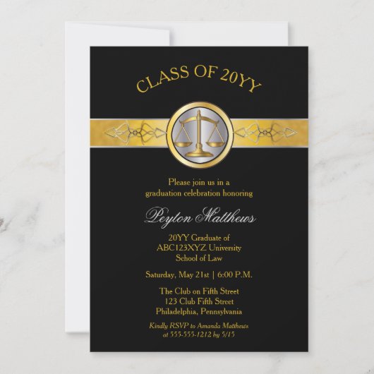 エレガントモダン金ゴールド法科卒業招待状 招待状 (正面)