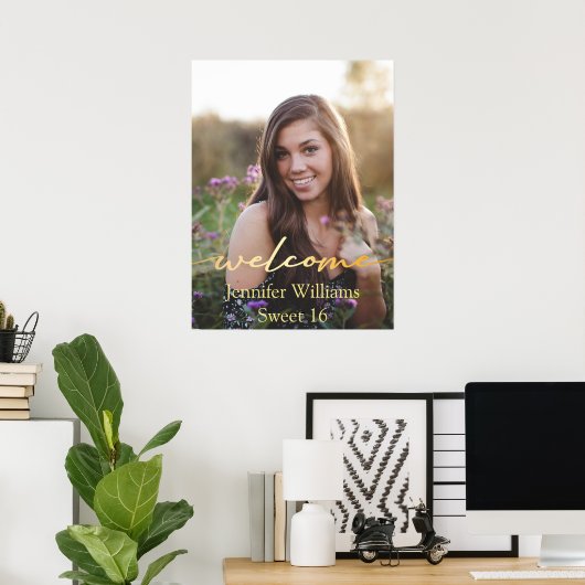 エレガントモダン金ゴールド甘い16枚フォトウェルカムサイン ポスター (ホームオフィス)