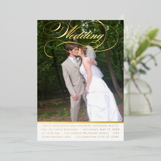エレガントモダン金ゴールド結婚写真 箔招待状 (立ち正面)