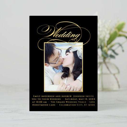 エレガントモダン金ゴールド結婚写真 箔招待状 (立ち正面)