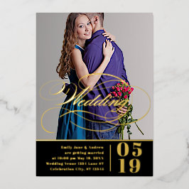 エレガントモダン金ゴールド結婚写真 箔招待状