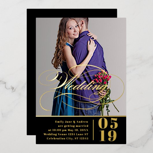 エレガントモダン金ゴールド結婚写真 箔招待状 (正面/裏面)