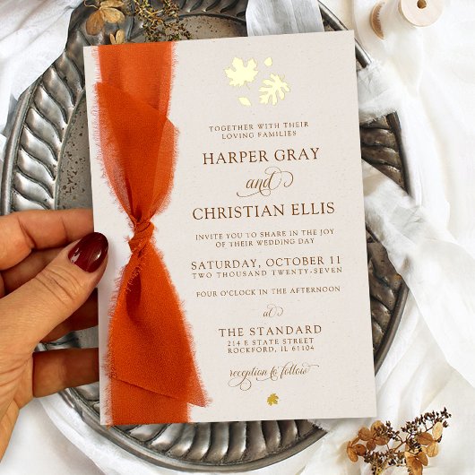 エレガントモダン金ゴールド結婚 箔招待状