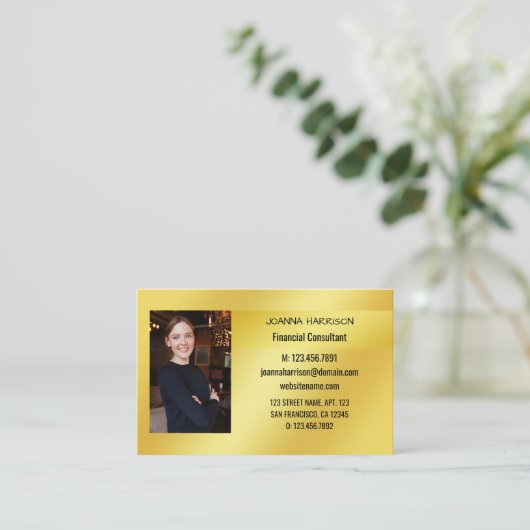 エレガントモダン金ゴールド背景ヨーロッパ写真Busi 名刺 (スタンド正面)