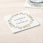 エレガントモダン金ゴールド葉リース婚約パーティ スクエアペーパーコースター (アングル)