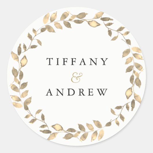 エレガントモダン金ゴールド葉リース婚約パーティ ラウンドシール (正面)