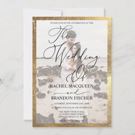 エレガントモダン金ゴールド額付きカップル写真結婚 招待状 (正面)