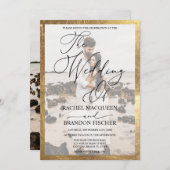 エレガントモダン金ゴールド額付きカップル写真結婚 招待状 (正面/裏面)