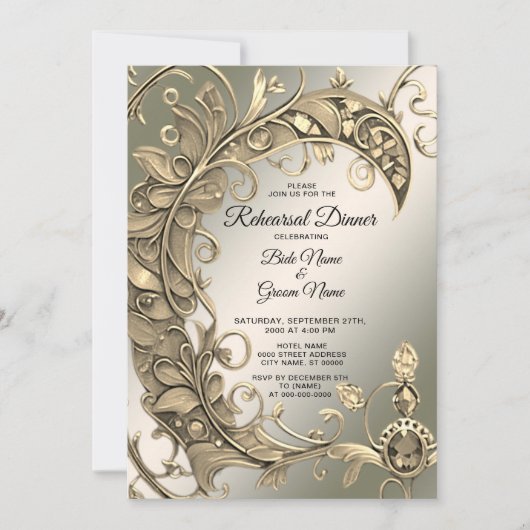エレガントモダン金ゴールド飾りリハーサル 招待状 (正面)