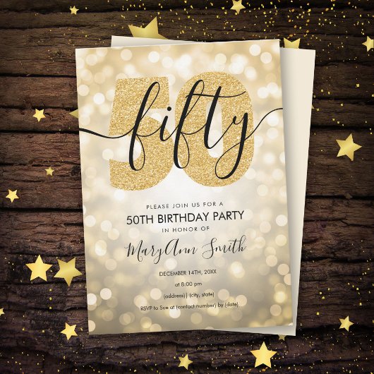 エレガントモダン金ゴールド50th誕生日パーティー 招待状