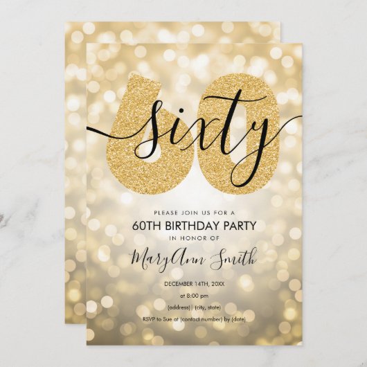 エレガントモダン金ゴールド60th誕生日パーティー 招待状 (正面/裏面)