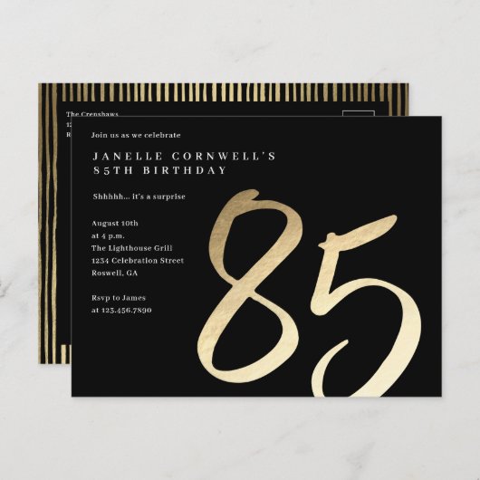 エレガントモダン金ゴールド85誕生日 インビテーションポストカード (正面/裏面)