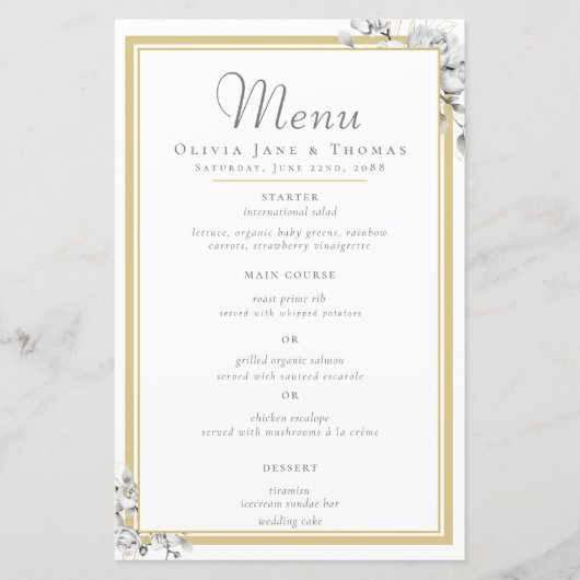 エレガントモダン金ゴールド・フレームのフローラ結婚のメニュー (正面)