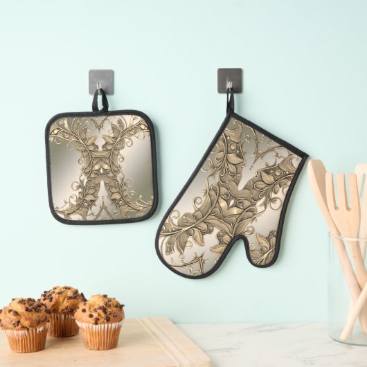 エレガントモダン金ゴールド 鍋つかみ&鍋敷きセット (インサイチュ (吊り下げ))