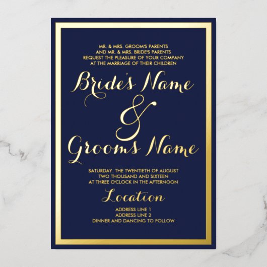 エレガントモダン青結婚の実在金ゴールド 箔招待状 (正面)