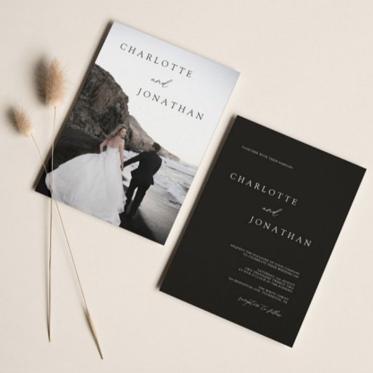エレガントモダン黒い写真クラシック結婚の 招待状