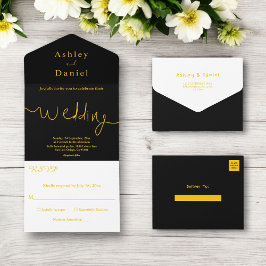 エレガントモダン黒と金ゴールドミニマル結婚の オールインワン招待状
