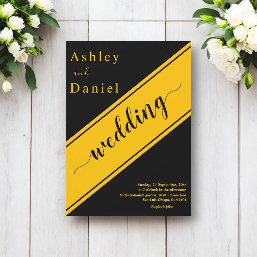 エレガントモダン黒と金ゴールド結婚デリケート 招待状