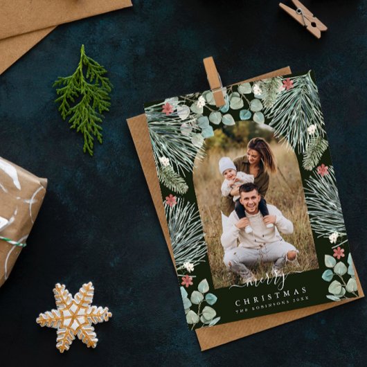 エレガントモダンArch Botanical Christmas Photo Invi シーズンポストカード