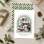 エレガントモダンArch Photo Collage Christmas シーズンカード<br><div class="desc">モダンエレガントアーチの家族の写真コラージュデザイン(3枚の写真のための宇宙付き)と緑と白のレトロのチェックバック付きのクリスマスカード。あなたの写真とメッセージでパーソナライズする簡単である明るくミニマルなホリデーカースタイリッシュドは、永遠の形見。</div>