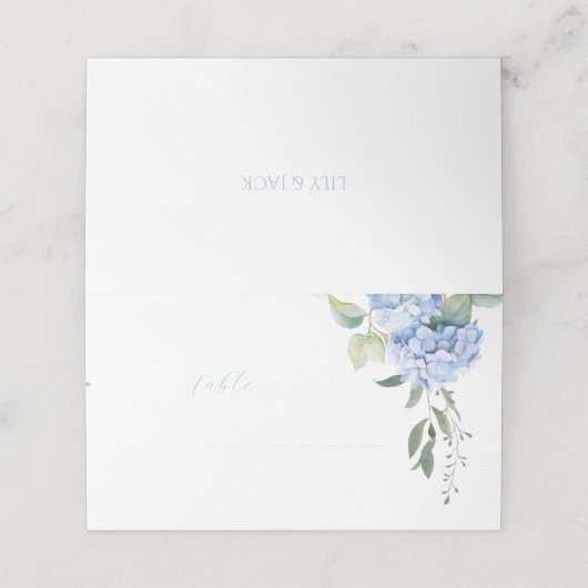 エレガントモダンBlue Hydrangea結婚のテーブル プレイスカード (外部開封)