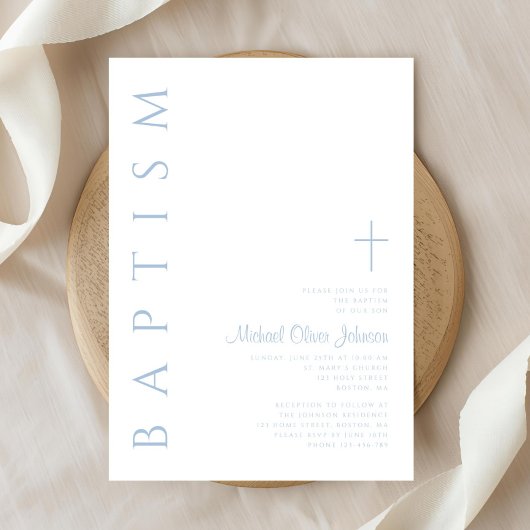 エレガントモダンBlue Script Cross Boyバプテスマ 招待状